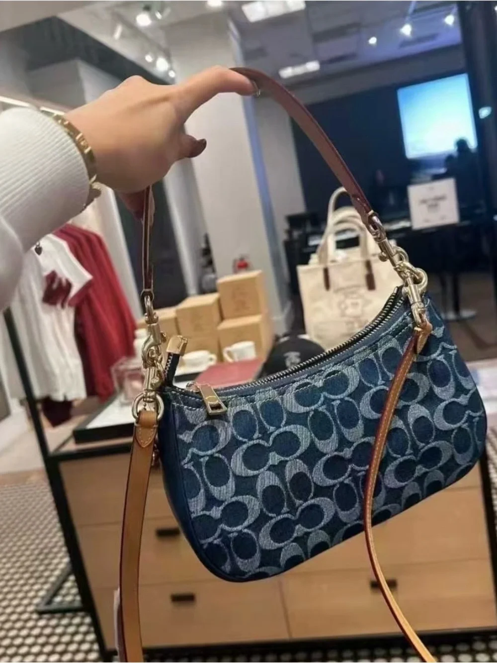 COACH Blue Signature Denim Mini Shoulder Bag with Tan Strap